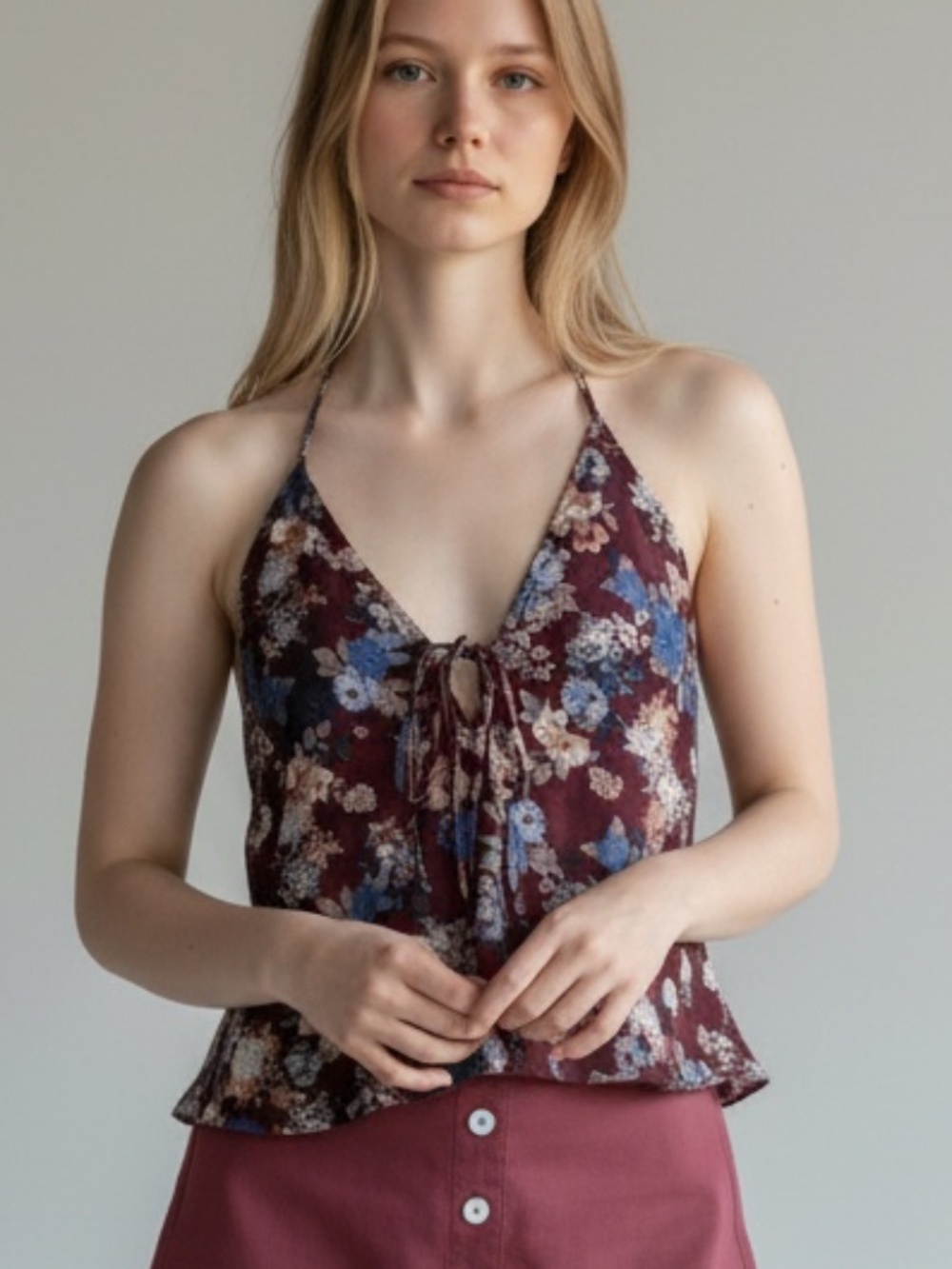 Assorted Brands Maroon Floral Halter Tank Top Size Medium Blue White